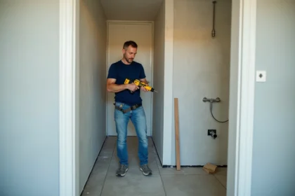 Installateur de placo dans une salle de bain en construction