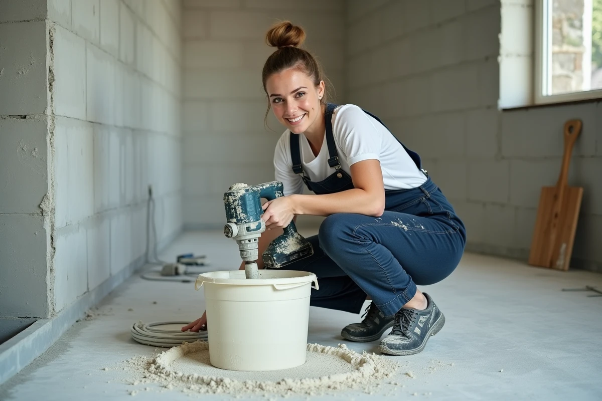 Femme de chantier préparant le mélange d'enduit map dans un seau avant application sur mur parpaing brut