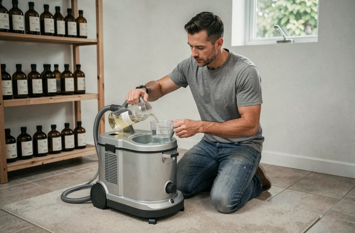 Homme versant un produit écologique hypoallergénique dans une shampouineuse de tapis à la maison