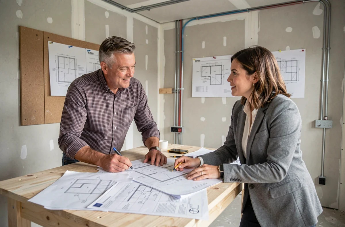 Ingénieur et architecte étudiant les plans d'installation d'une pompe à chaleur gainable dans une maison en rénovation