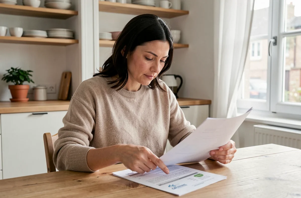 Femme consultant les documents d'aide CEE pour financer une pompe à chaleur dans sa maison