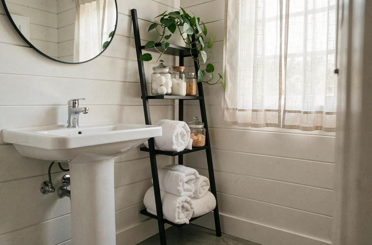 Rangement vertical astucieux dans une petite salle d'eau avec étagère échelle en métal noir, serviettes roulées, bocaux en verre et plante verte près d'un lavabo sur colonne
