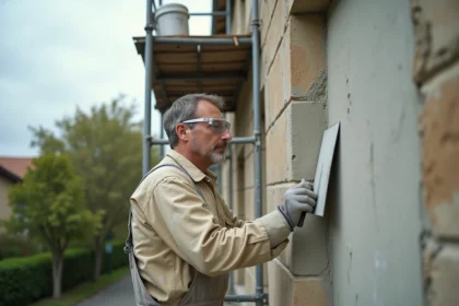 Artisan appliquant un enduit de ravalement sur une façade en pierre ancienne avec truelle, échafaudage visible, atmosphère de chantier réaliste
