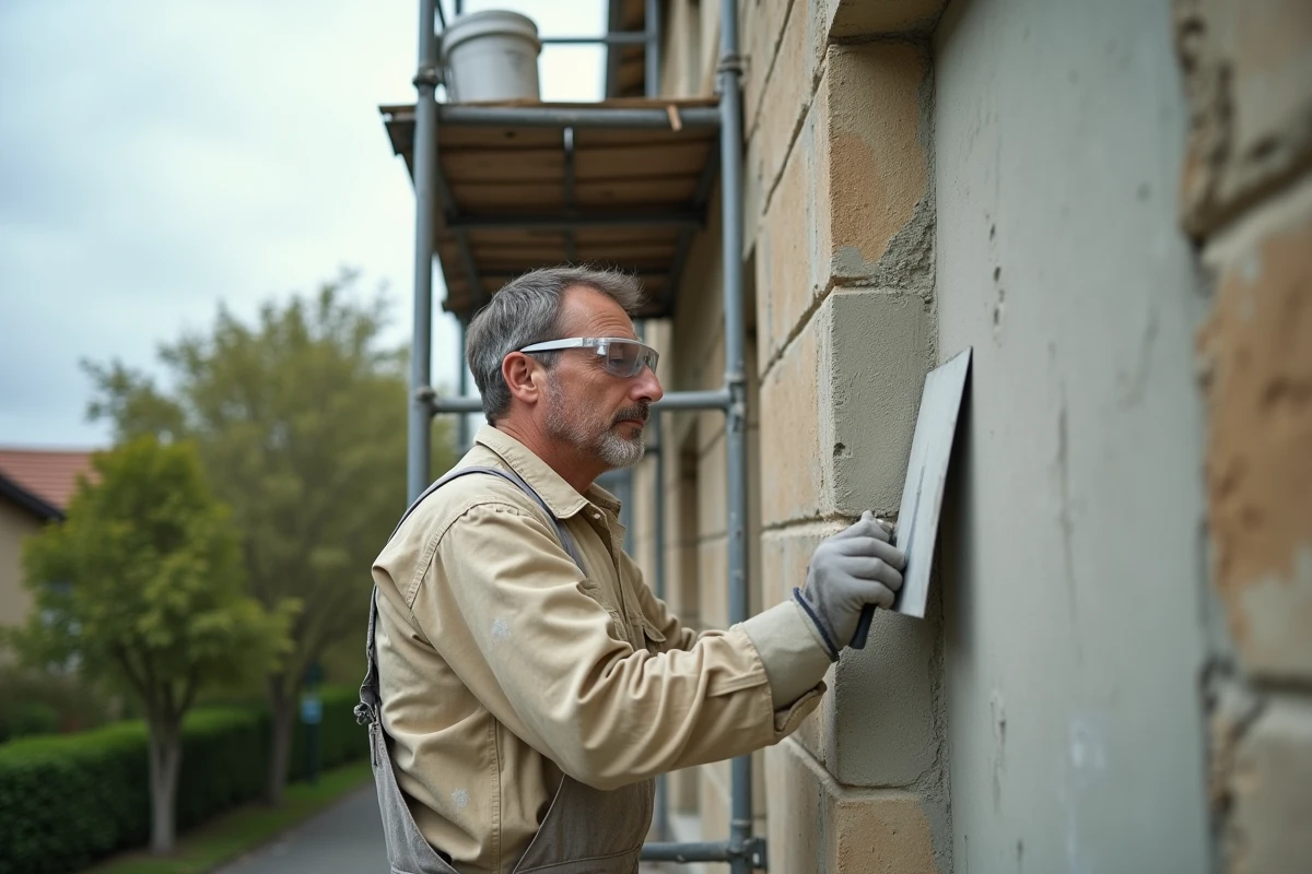 Artisan appliquant un enduit de ravalement sur une façade en pierre ancienne avec truelle, échafaudage visible, atmosphère de chantier réaliste