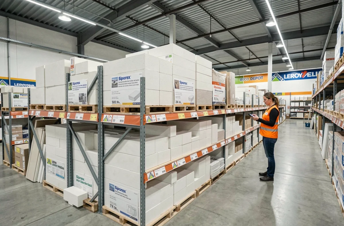 Rayon de blocs béton cellulaire Siporex en grande surface de bricolage avec étiquettes de prix