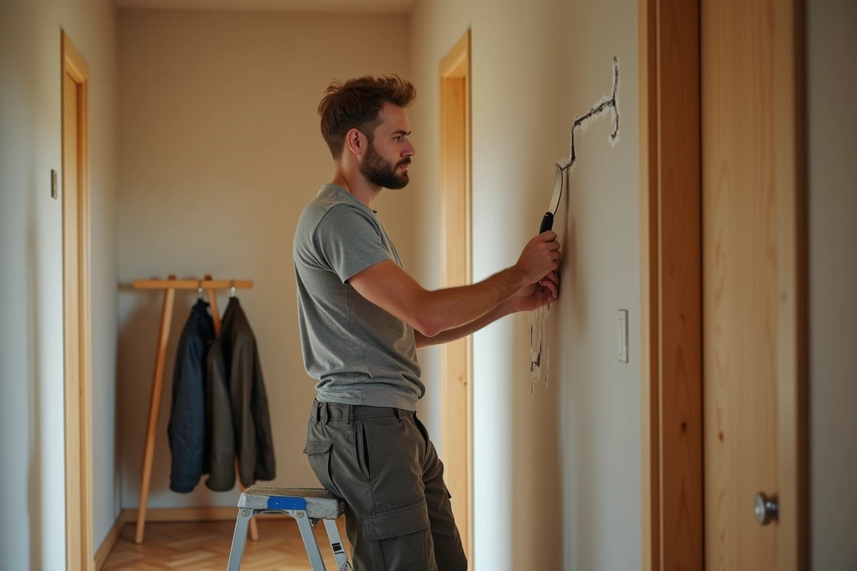 Homme rebouchant une fissure murale dans un couloir avec un couteau à enduire, bricolage courant pour l'entretien de la maison