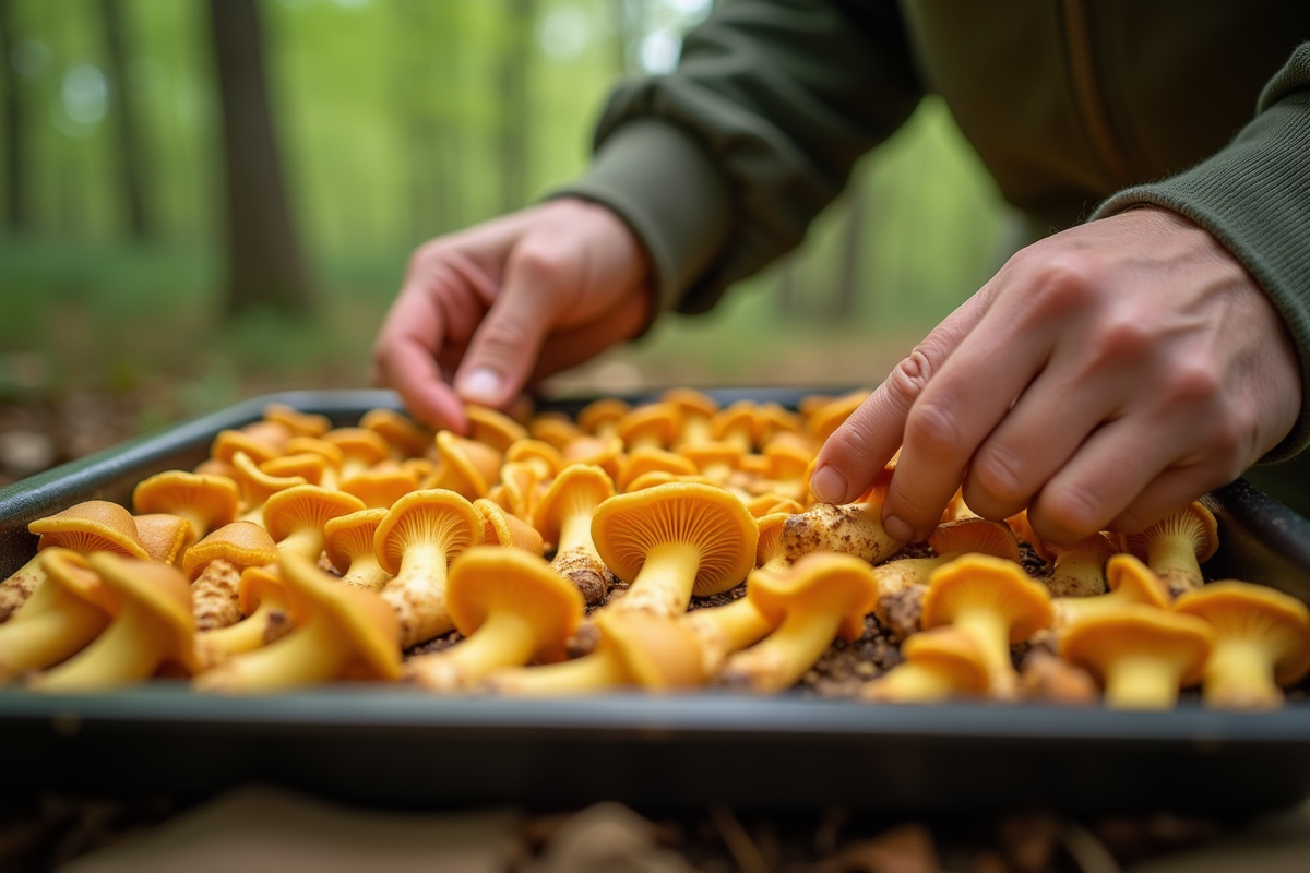 Mains disposant des chanterelles jaunes sur un plateau de déshydrateur en plein air