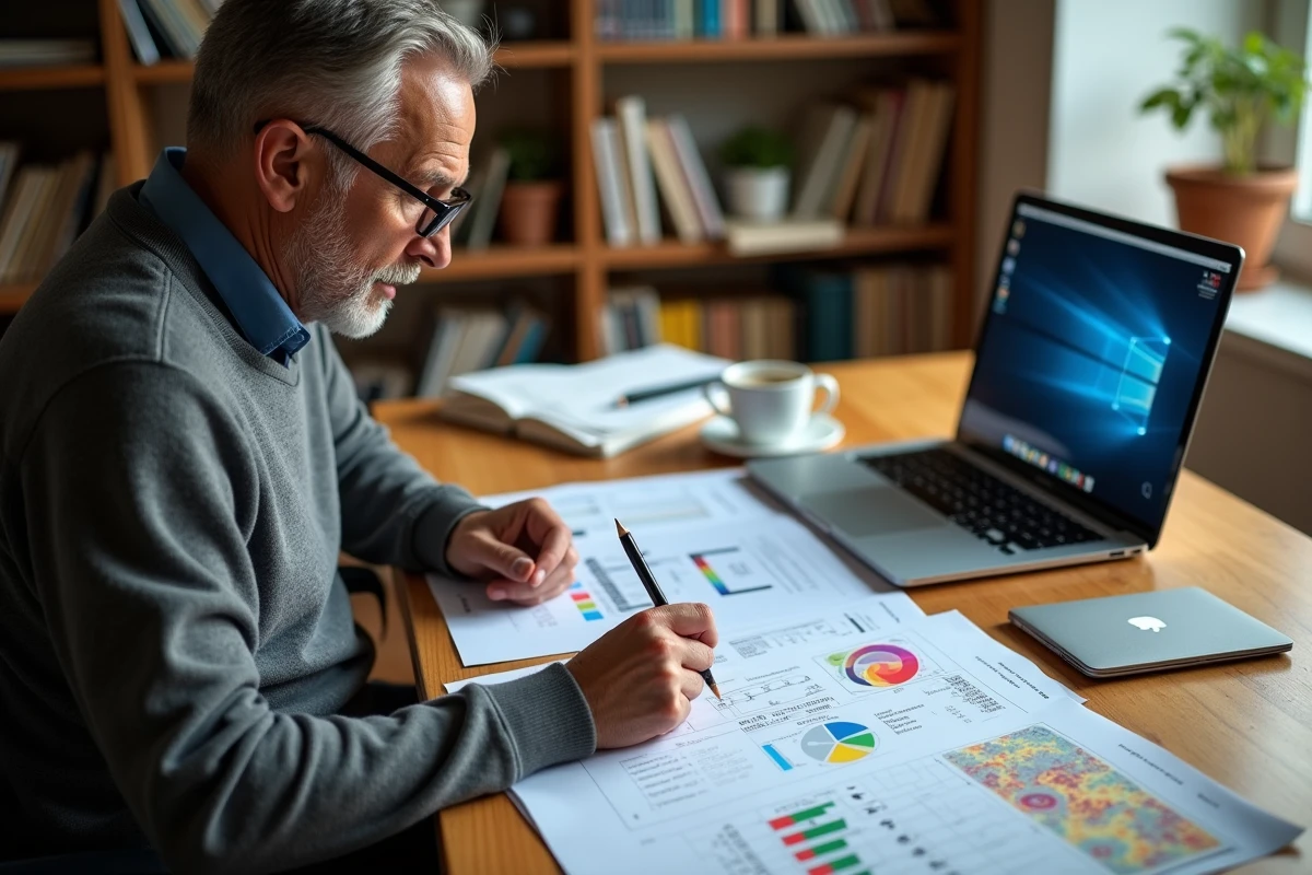 Consultant en audit thermique analysant le rapport final d'audit énergétique avec des graphiques de performance et des cartographies thermiques