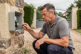 Technicien réglant les fins de course d'un portail électrique coulissant sur pilier en pierre