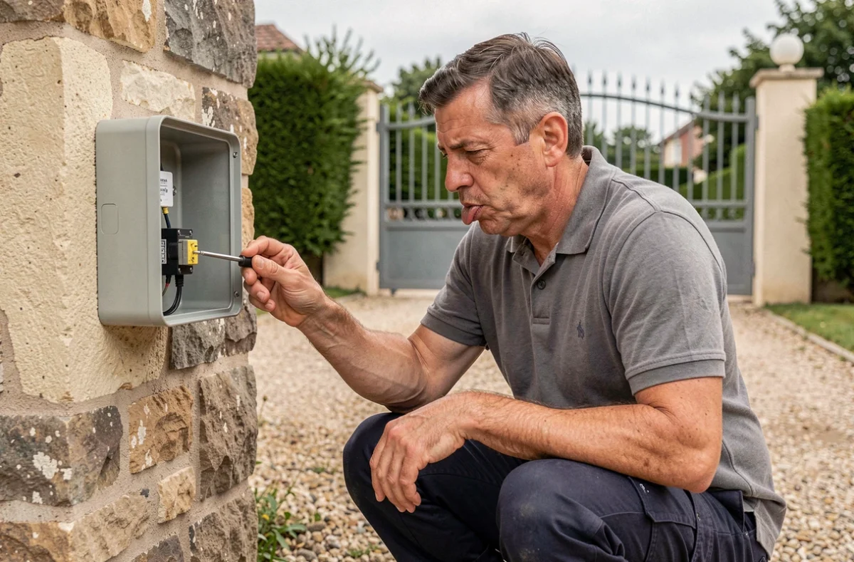 Technicien réglant les fins de course d'un portail électrique coulissant sur pilier en pierre