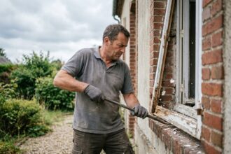 Artisan en train de déposer une vieille fenêtre en bois sur une façade de maison individuelle lors de travaux de remplacement