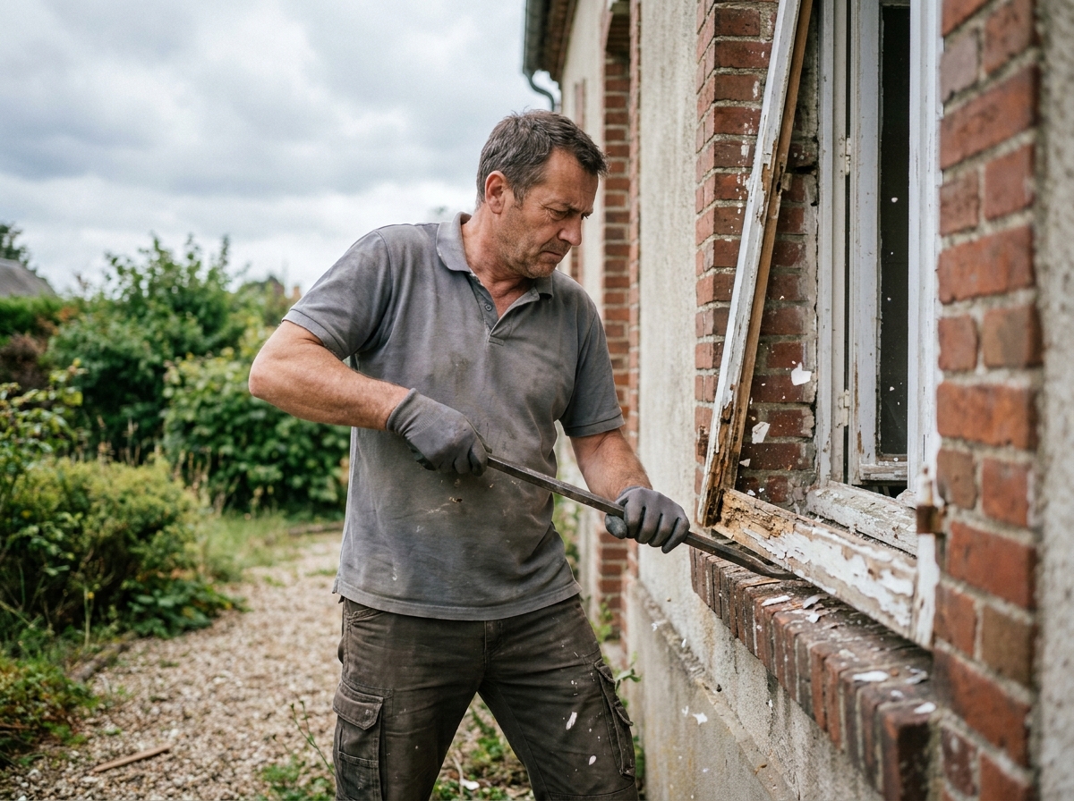 Artisan en train de déposer une vieille fenêtre en bois sur une façade de maison individuelle lors de travaux de remplacement