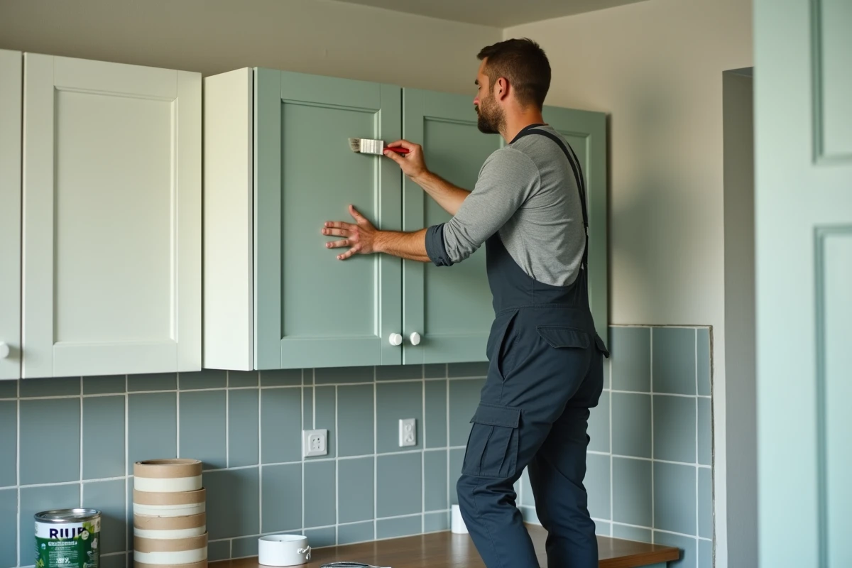 Homme peignant des meubles de cuisine en glycéro sans poncer dans un appartement locatif