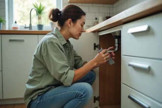 Femme réparant une fuite sous l'évier de cuisine avec une clé à molette, solution pratique pour les problèmes de plomberie à la maison