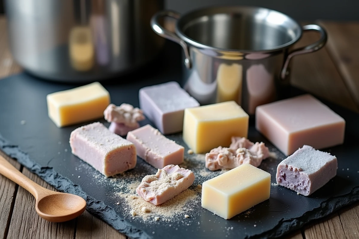 Assortiment de restes et morceaux de savons usés prêts à être fondus et remoulés sur une ardoise