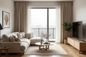 Rideaux en lin beige dans un salon moderne minimaliste avec canapé en bois clair et sol en parquet chêne