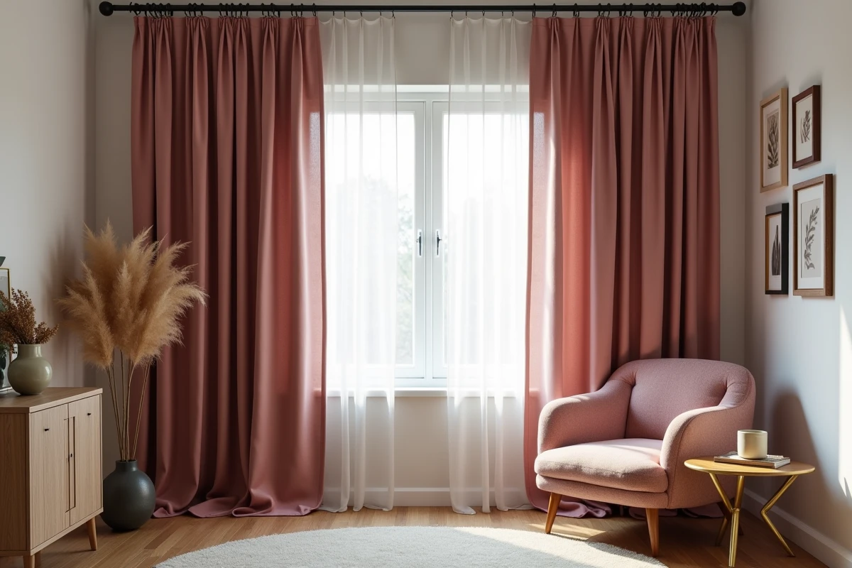 Rideaux en velours rose poudré dans un salon mêlant style moderne et bohème avec fauteuil bouclé et herbes de la pampa