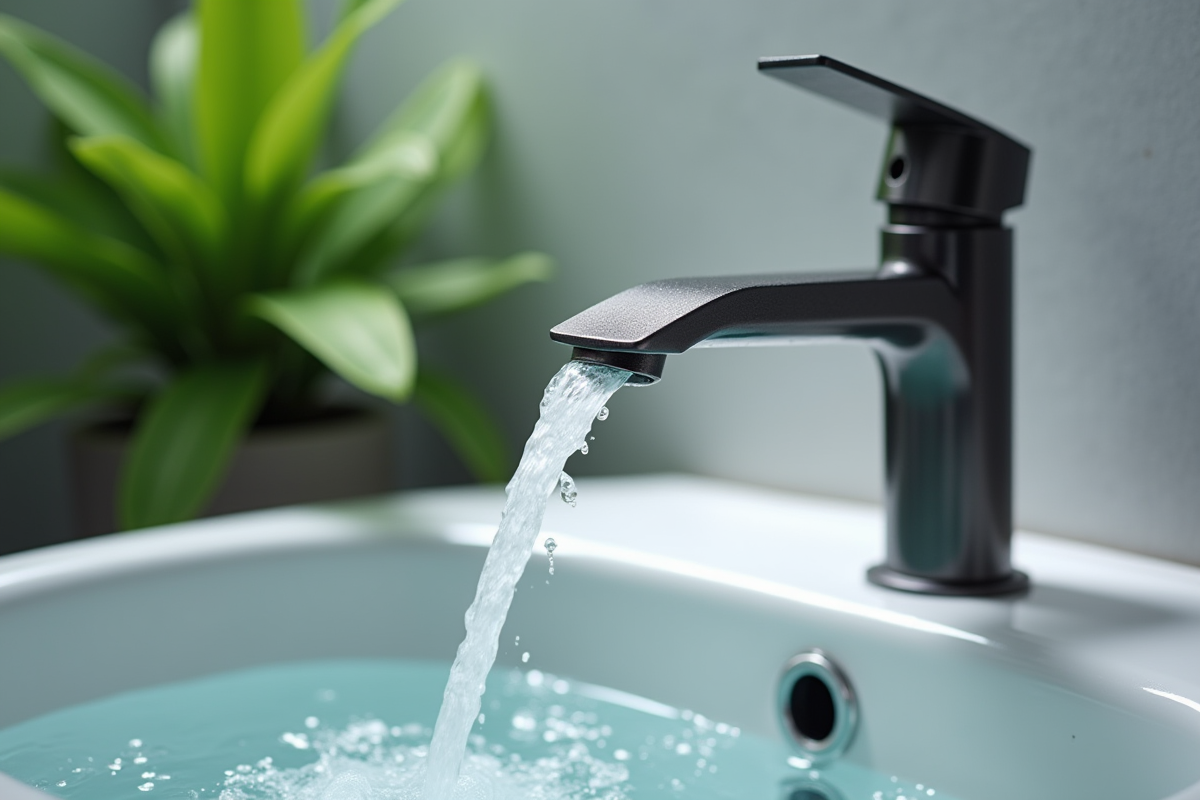 Robinet de salle de bain avec résidus de minéraux visibles