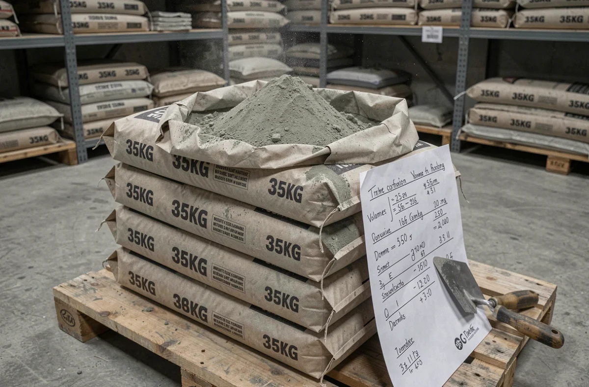 Sacs de béton de 35 kg empilés sur palette avec fiche de calcul de volume pour une dalle