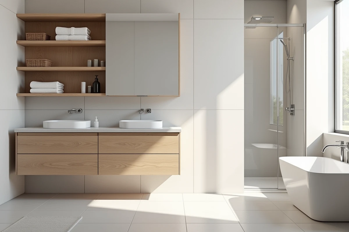 Salle de bain de taille moyenne avec rangements intégrés en bois clair, étagères ouvertes et meuble vasque flottant en carrelage blanc mat