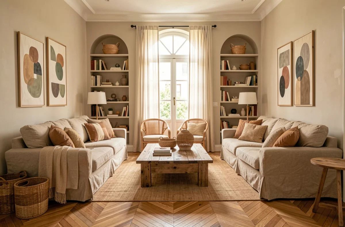 Salon décoré avec goût et mobilier chaleureux après aménagement intérieur réussi grâce aux services de Ma Chaumière