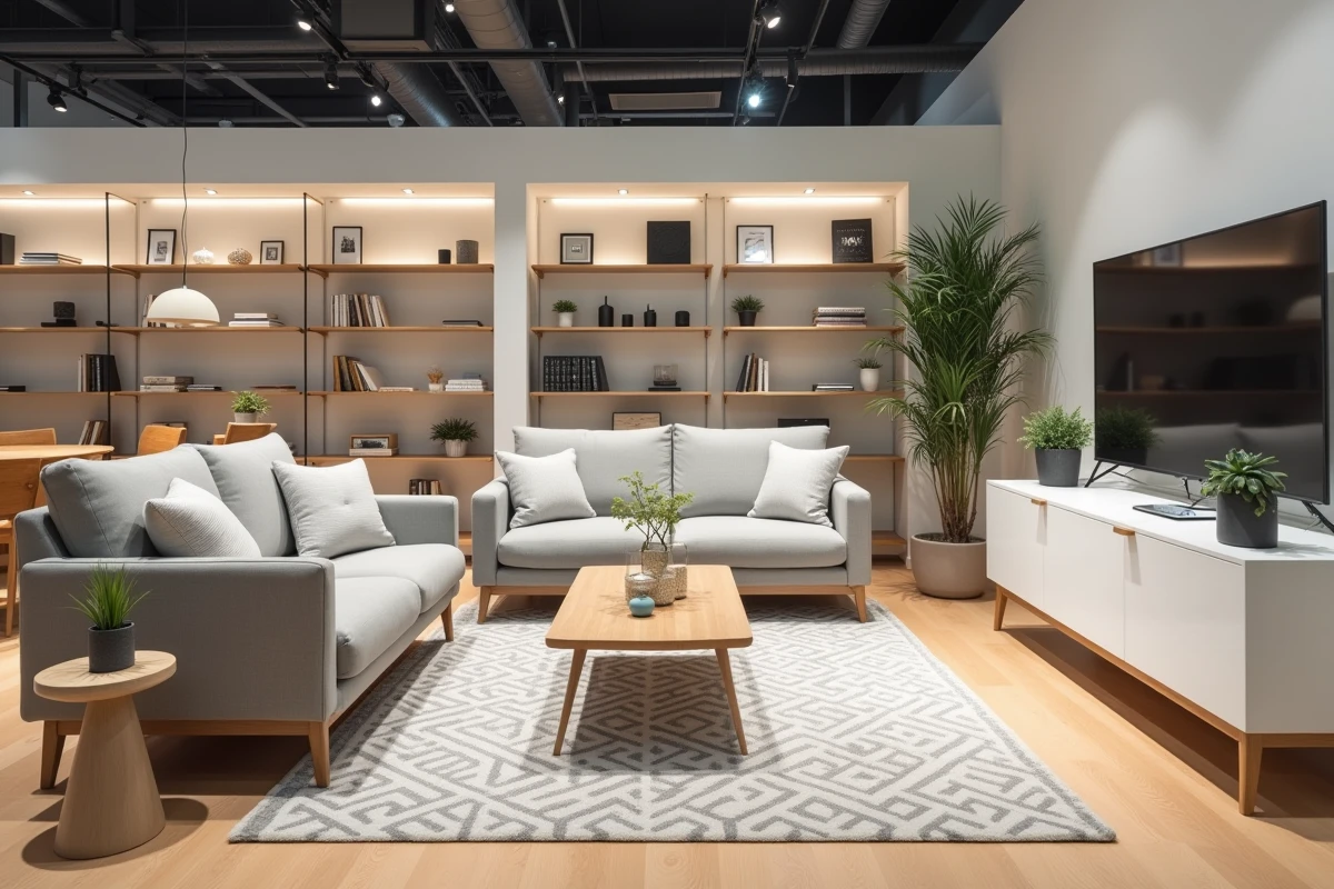 Salon complet aménagé avec des meubles BUT abordables, canapé gris, table basse bois et meuble TV blanc