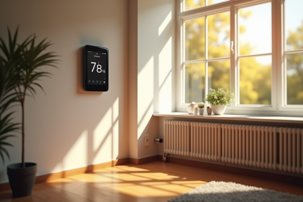 Salon moderne lumineux avec thermostat digital