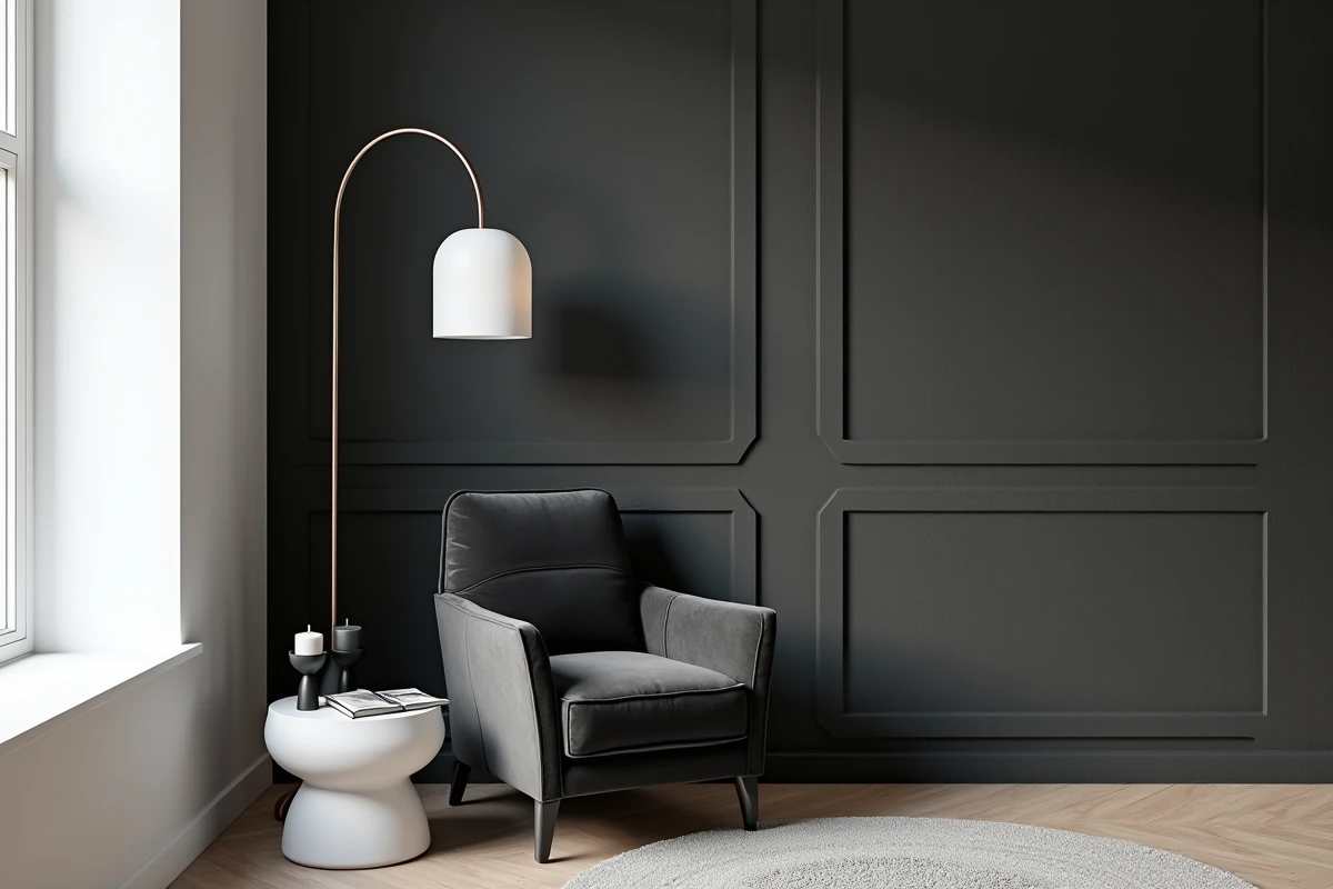 Salon noir gris blanc avec fauteuil velours gris foncé devant un mur noir texturé à motif géométrique, ambiance déco raffinée