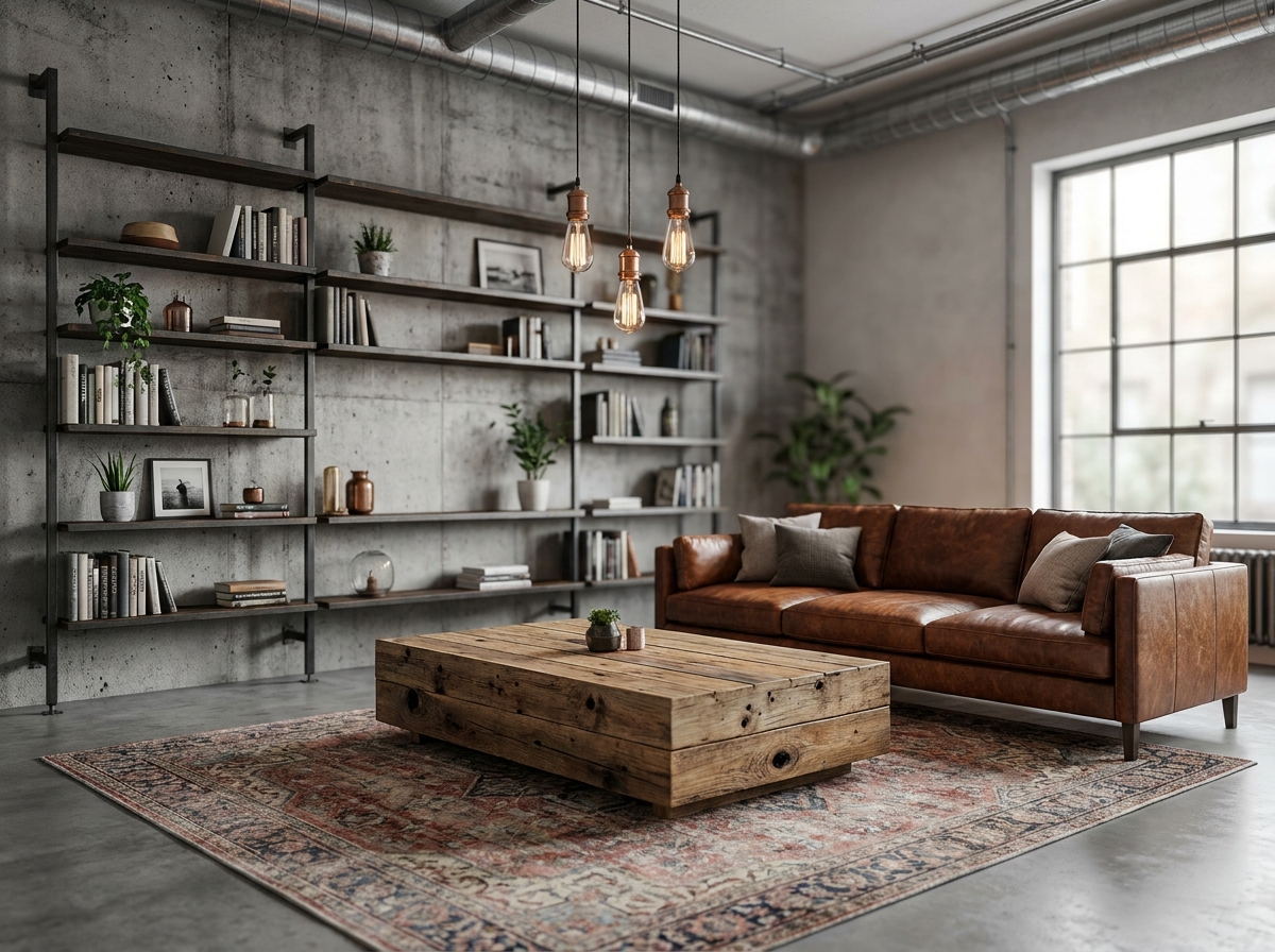Salon industriel avec mur en béton brut, étagères en acier noir, canapé en cuir cognac et tapis vintage