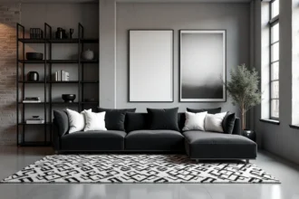 Salon loft décoré en noir et blanc avec canapé velours anthracite, tapis géométrique et murs en béton brut