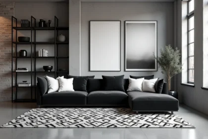 Salon loft décoré en noir et blanc avec canapé velours anthracite, tapis géométrique et murs en béton brut