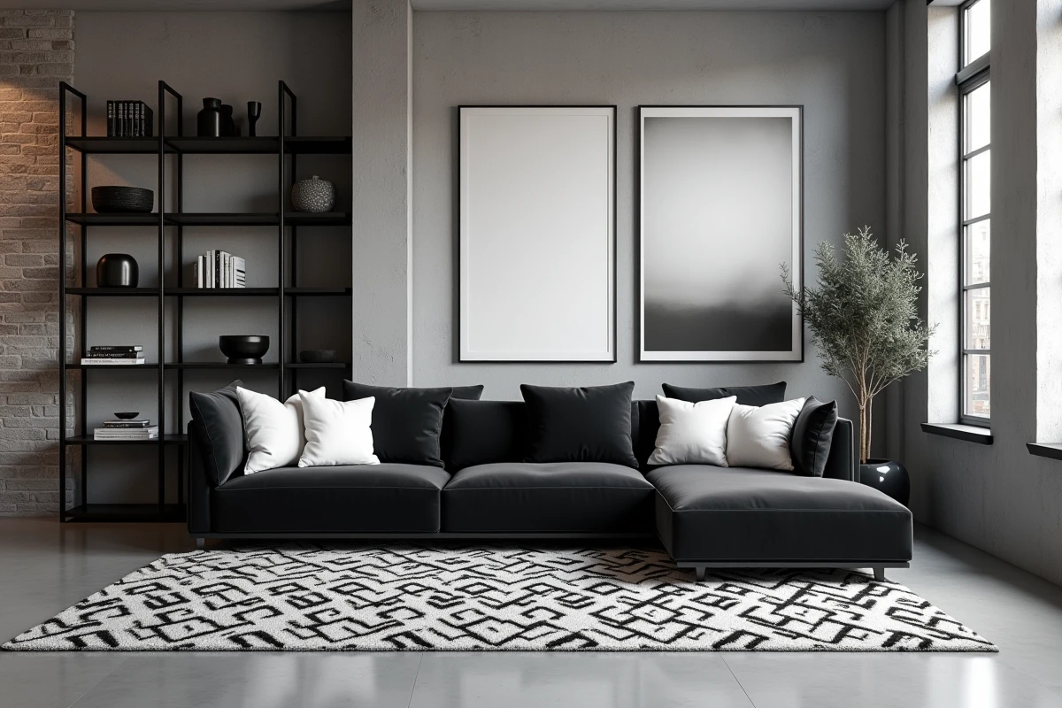 Salon loft décoré en noir et blanc avec canapé velours anthracite, tapis géométrique et murs en béton brut