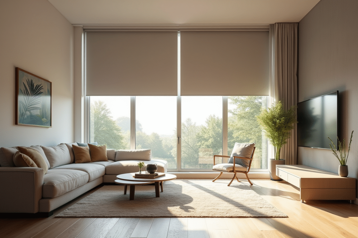 Salon moderne avec grand fenêtre et rideau roulant noir sans vis