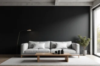 Salon moderne avec mur noir mat en contraste avec canapé gris clair et coussins blancs, déco minimaliste noir gris blanc
