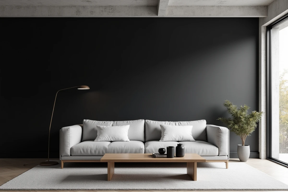Salon moderne avec mur noir mat en contraste avec canapé gris clair et coussins blancs, déco minimaliste noir gris blanc