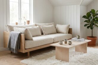Salon scandinave avec canapé en boucle crème, table basse en bouleau et tapis en peau de mouton sur parquet clair