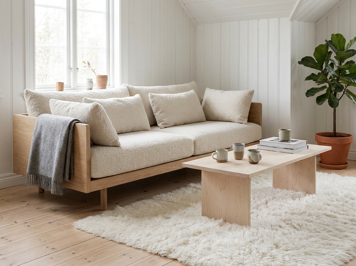 Salon scandinave avec canapé en boucle crème, table basse en bouleau et tapis en peau de mouton sur parquet clair