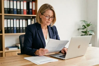 Femme gestionnaire d'une SCI examinant des documents administratifs liés à l'embauche d'une femme de ménage dans un bureau moderne