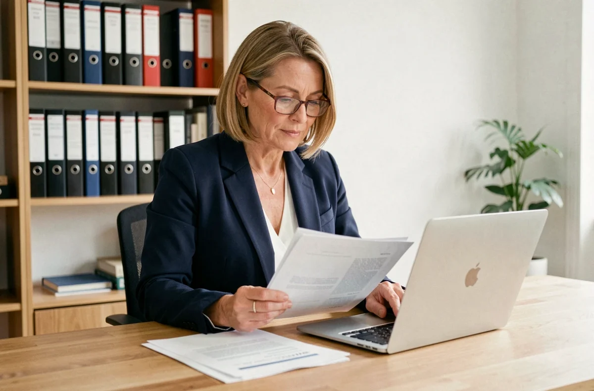 Femme gestionnaire d'une SCI examinant des documents administratifs liés à l'embauche d'une femme de ménage dans un bureau moderne