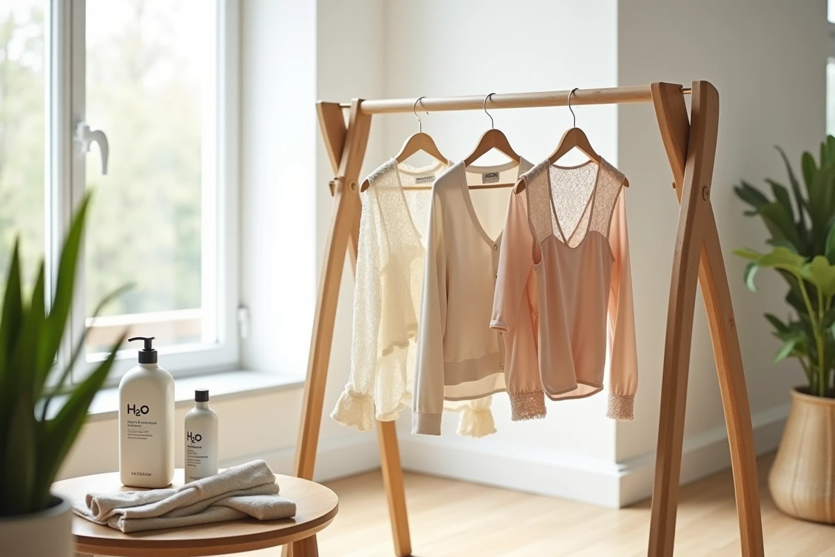 Vêtements délicats en soie et laine séchant sur un étendoir avec produit H2O visible au premier plan dans un intérieur scandinave