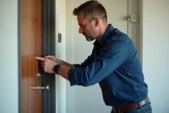 Serrurier homme examinant une serrure de porte résidentielle