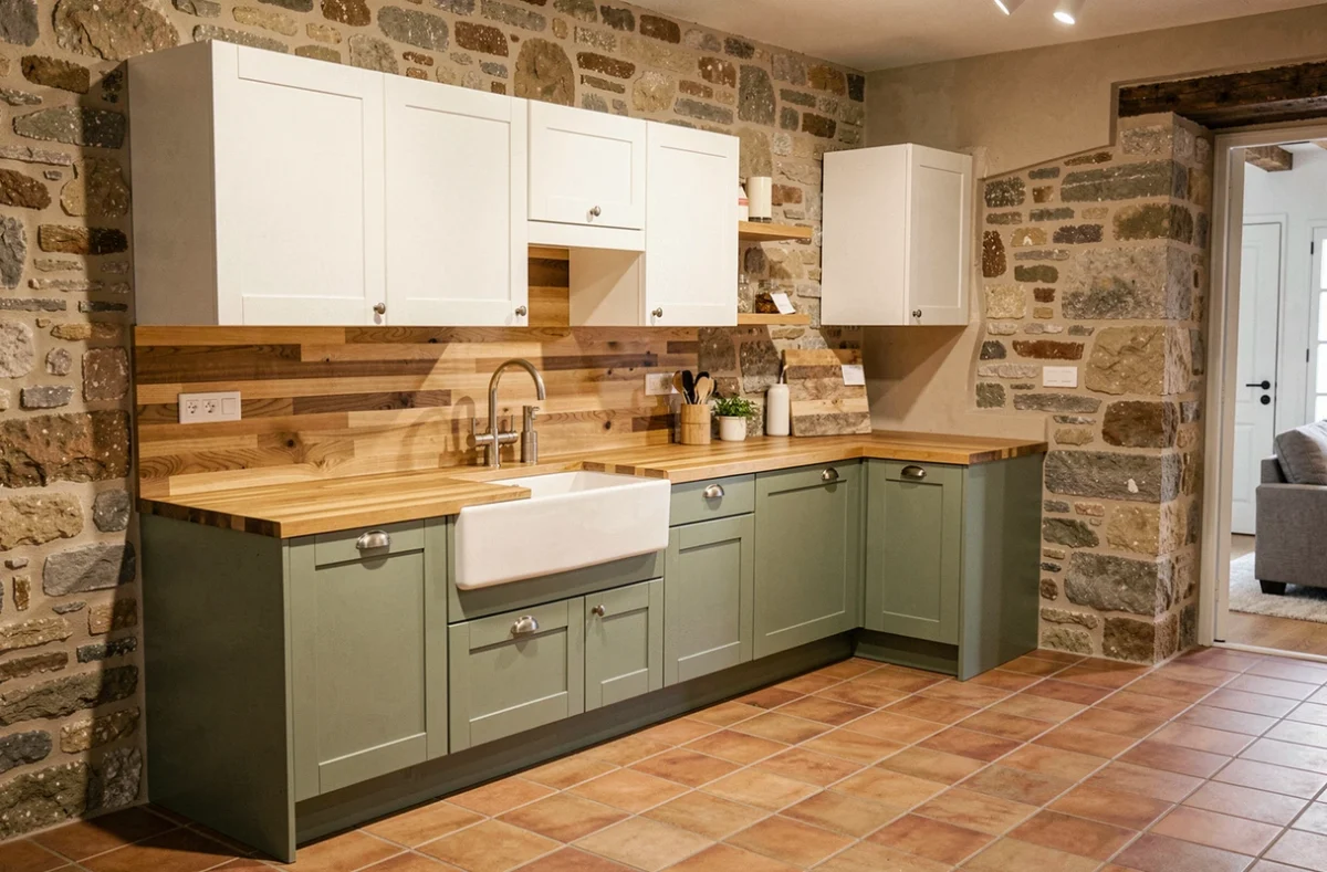 Cuisine bicolore vert sauge et blanc avec plan de travail en bois installée par SOMATECO en Corse