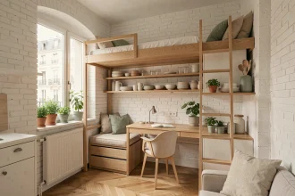Studio parisien compact avec lit mezzanine, bureau intégré et rangements verticaux optimisés pour petite surface