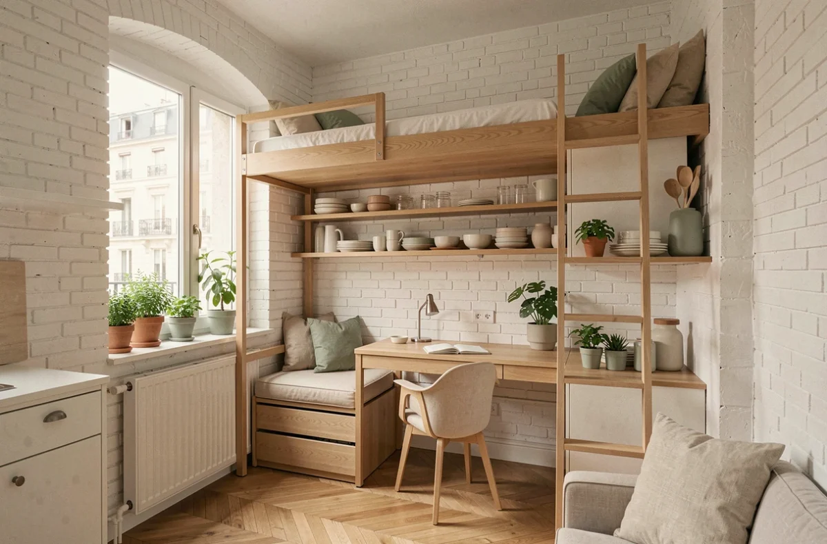 Studio parisien compact avec lit mezzanine, bureau intégré et rangements verticaux optimisés pour petite surface