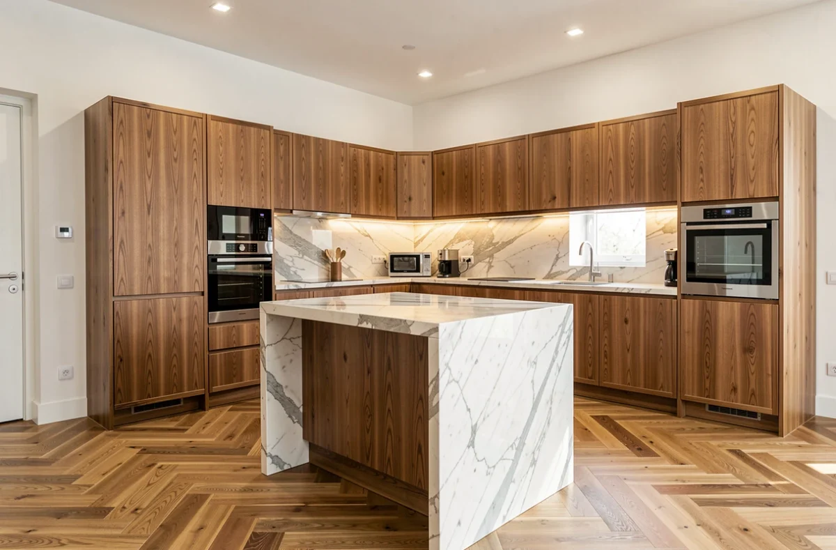 Cuisine sur mesure en bois naturel exposée chez Suzzoni Cuisines avec îlot central en marbre