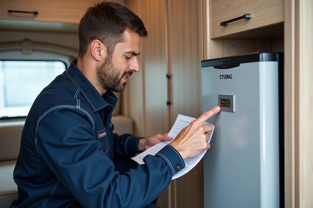 Technicien lisant un code erreur sur le panneau de contrôle d'un chauffage Truma Combi 4 dans un camping-car