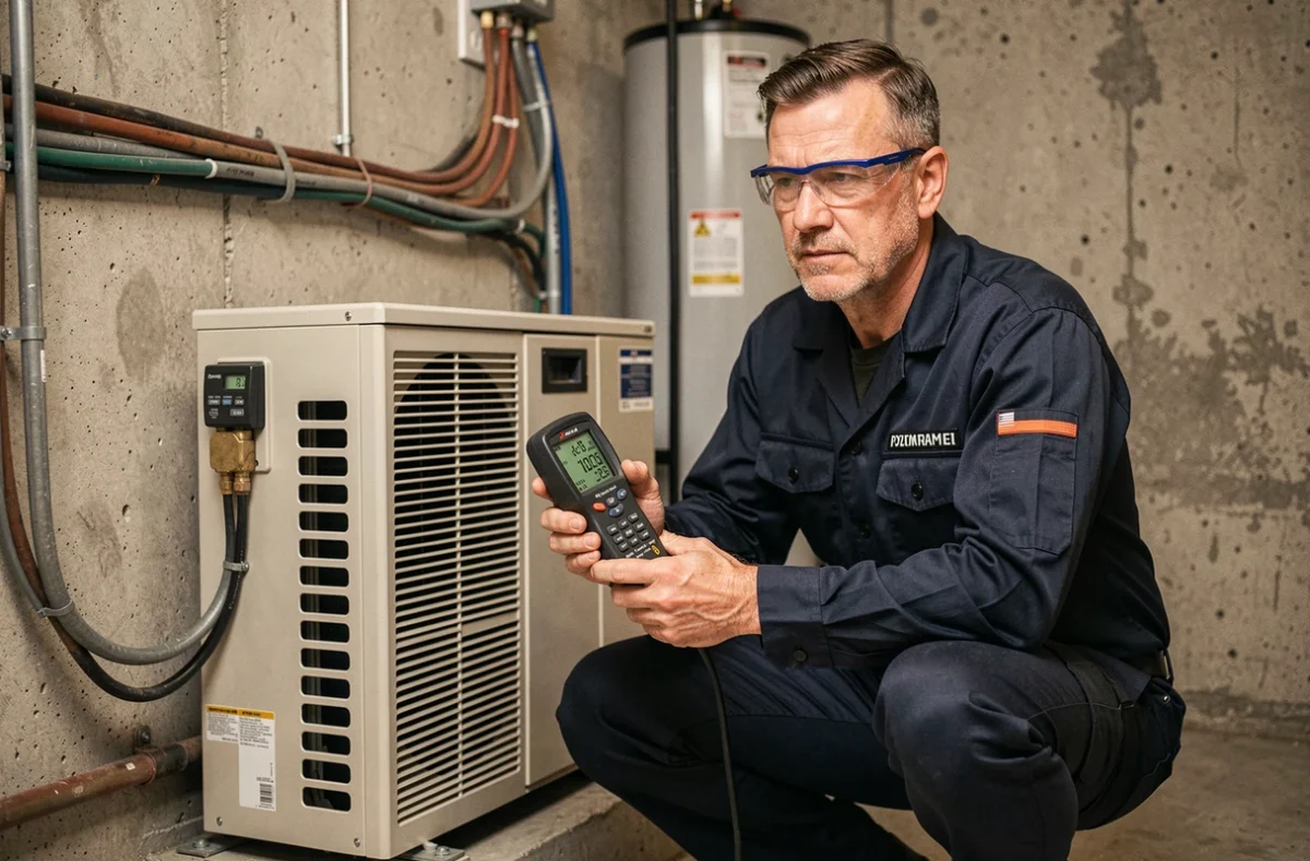 Technicien mesurant la consommation électrique d'une pompe à chaleur avec un compteur numérique