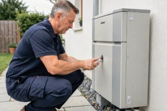 Technicien installant une pompe à chaleur air-eau sur la façade d'une maison pour bénéficier des aides CEE