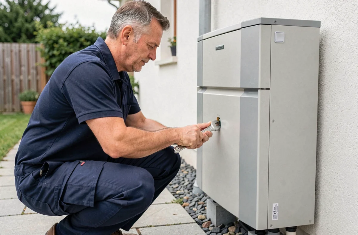 Technicien installant une pompe à chaleur air-eau sur la façade d'une maison pour bénéficier des aides CEE