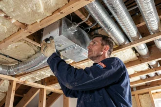 Technicien HVAC inspectant une pompe à chaleur gainable installée dans un vide de plafond résidentiel
